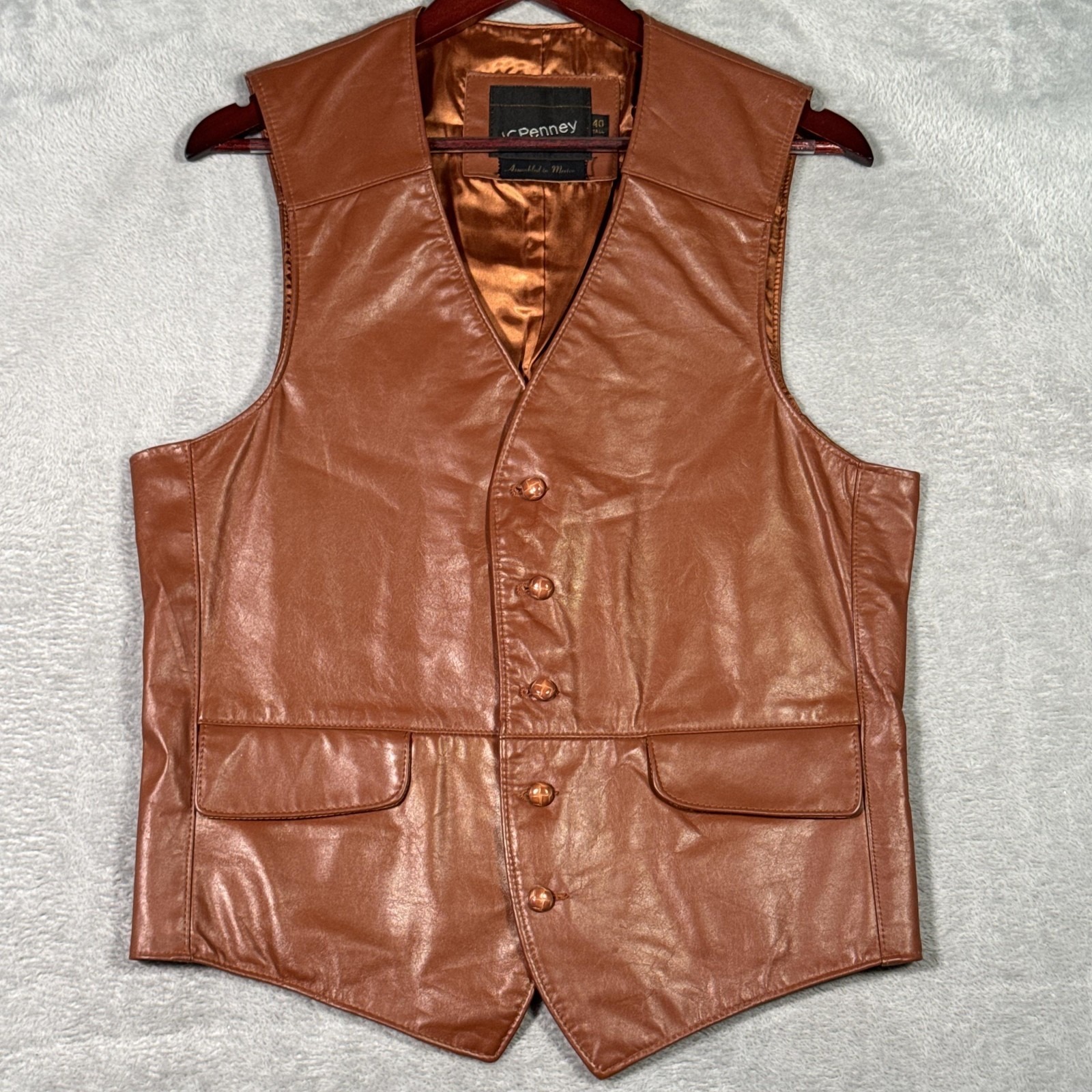 Vintage Jcpenney Vest Mens 40 Tall Brown Leather Western Lined Button Front